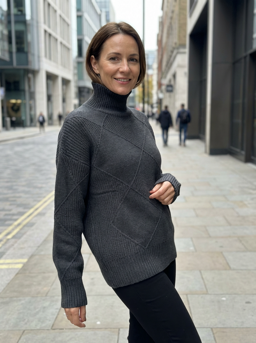 Sweater Women Ribbed Diamond Knit Relaxed Fit Turtleneck