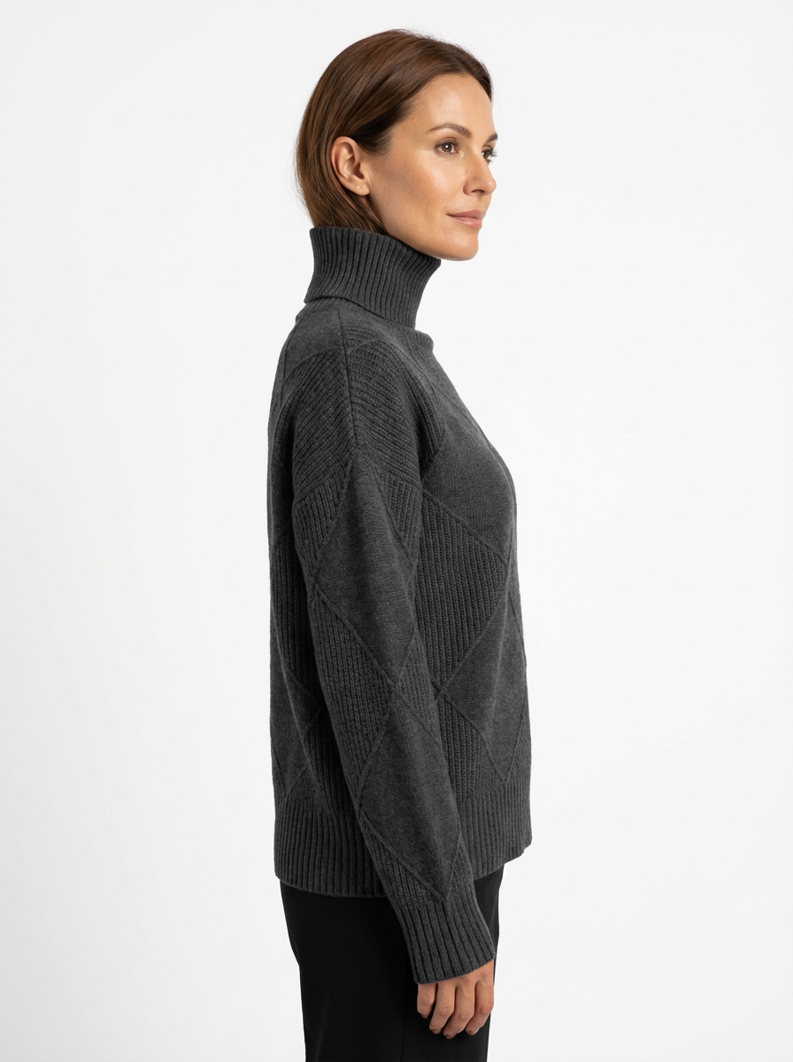 Sweater Women Ribbed Diamond Knit Relaxed Fit Turtleneck