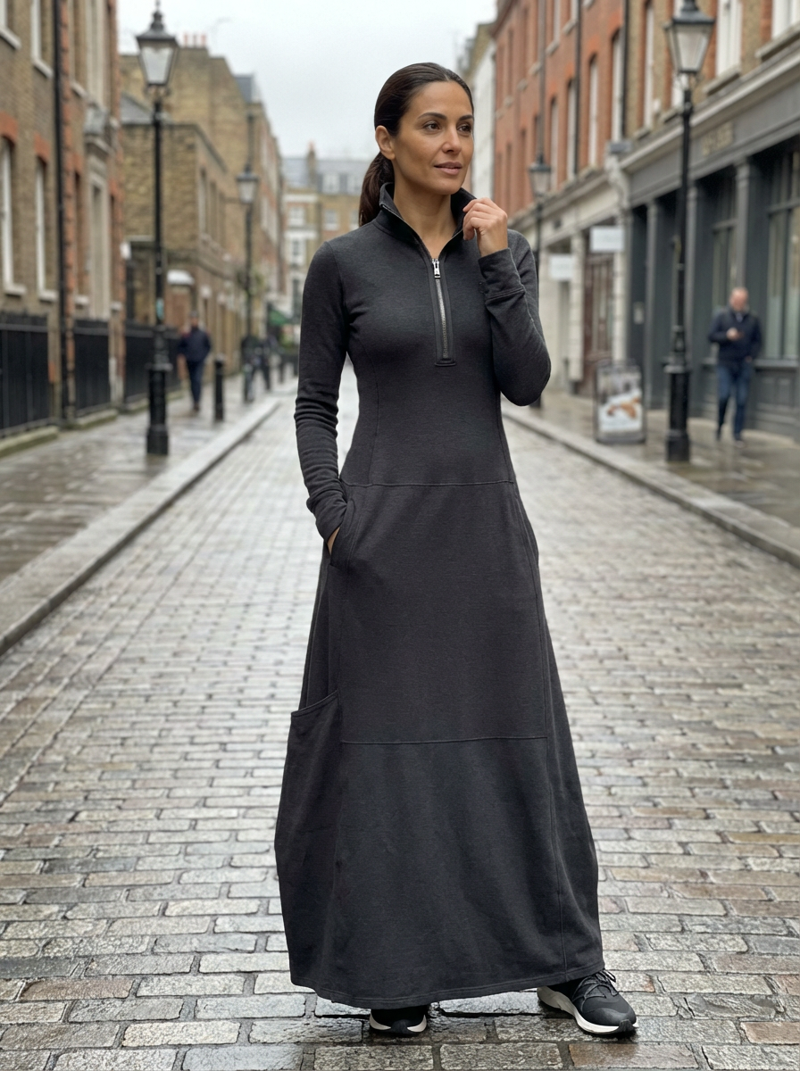 Dress Maxi Women Zipper Half-High Collar Loose Sport Style
