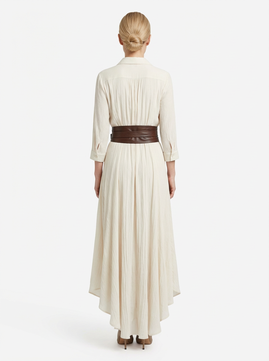 Maxi Dress Women Single Breasted Pleated Lapel Collar Long Sleeve