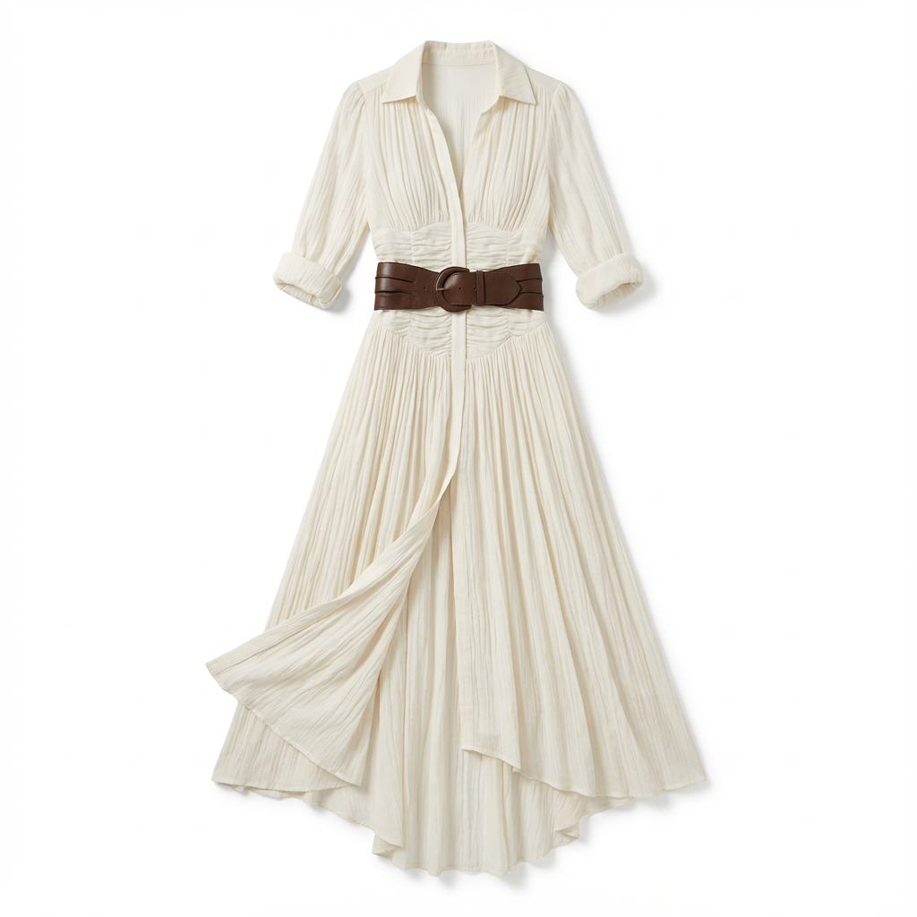 Maxi Dress Women Single Breasted Pleated Lapel Collar Long Sleeve