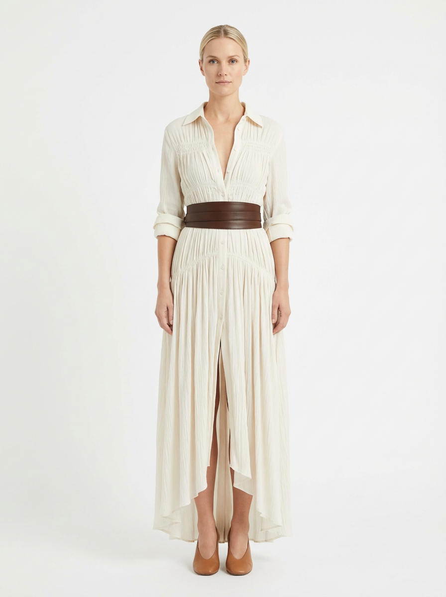 Maxi Dress Women Single Breasted Pleated Lapel Collar Long Sleeve
