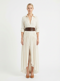 Maxi Dress Women Single Breasted Pleated Lapel Collar Long Sleeve