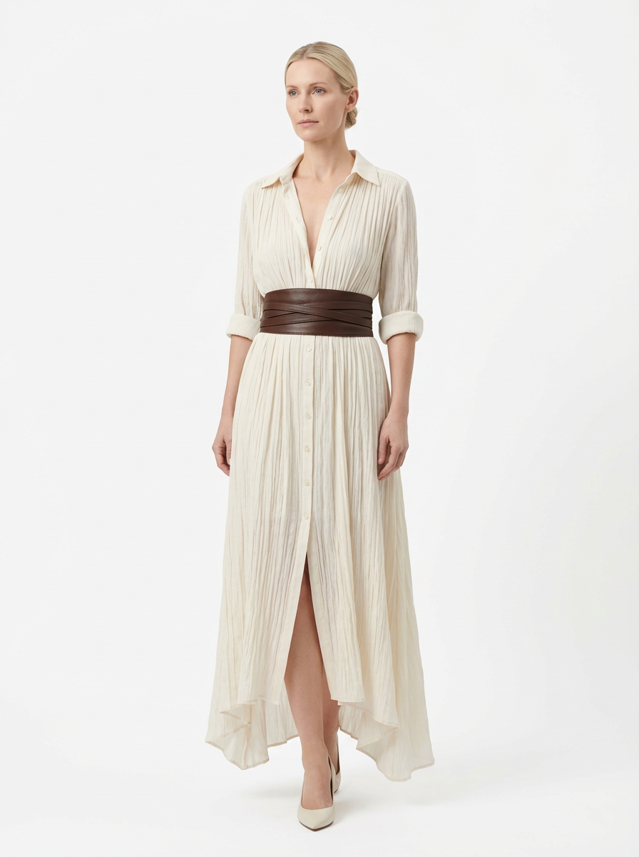 Maxi Dress Women Single Breasted Pleated Lapel Collar Long Sleeve