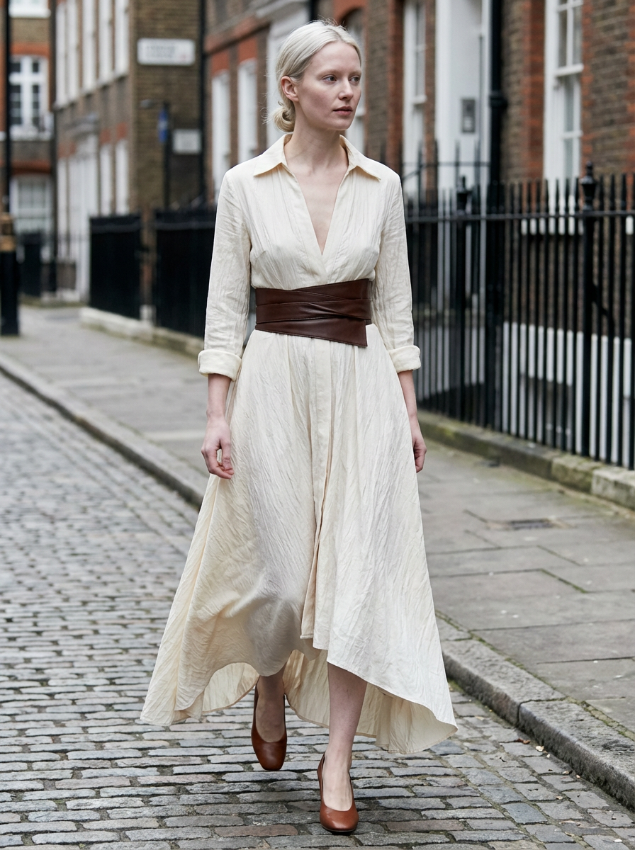 Maxi Dress Women Single Breasted Pleated Lapel Collar Long Sleeve