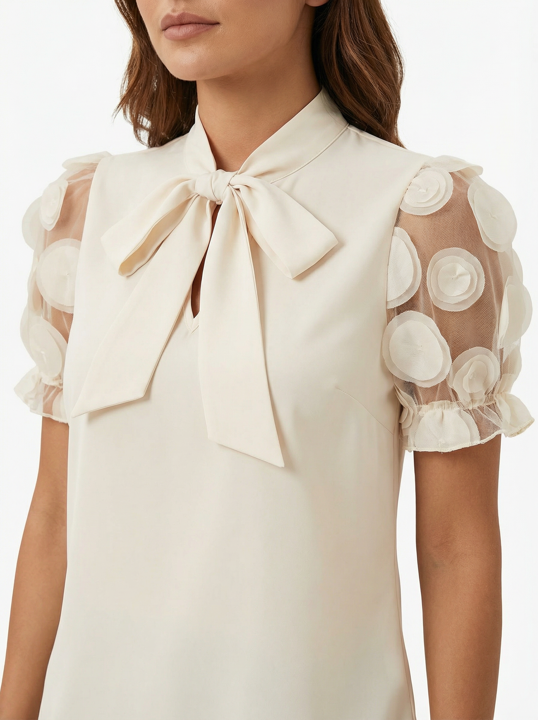 Blouse for Women with Decorative Tie and Sheer Sleeve Detail