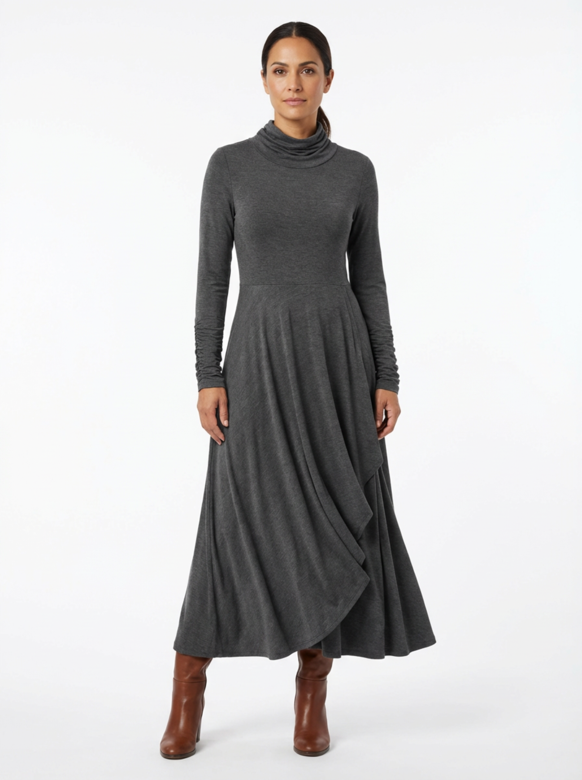 Dress Maxi Women Long Sleeve Turtleneck Asymmetric Design