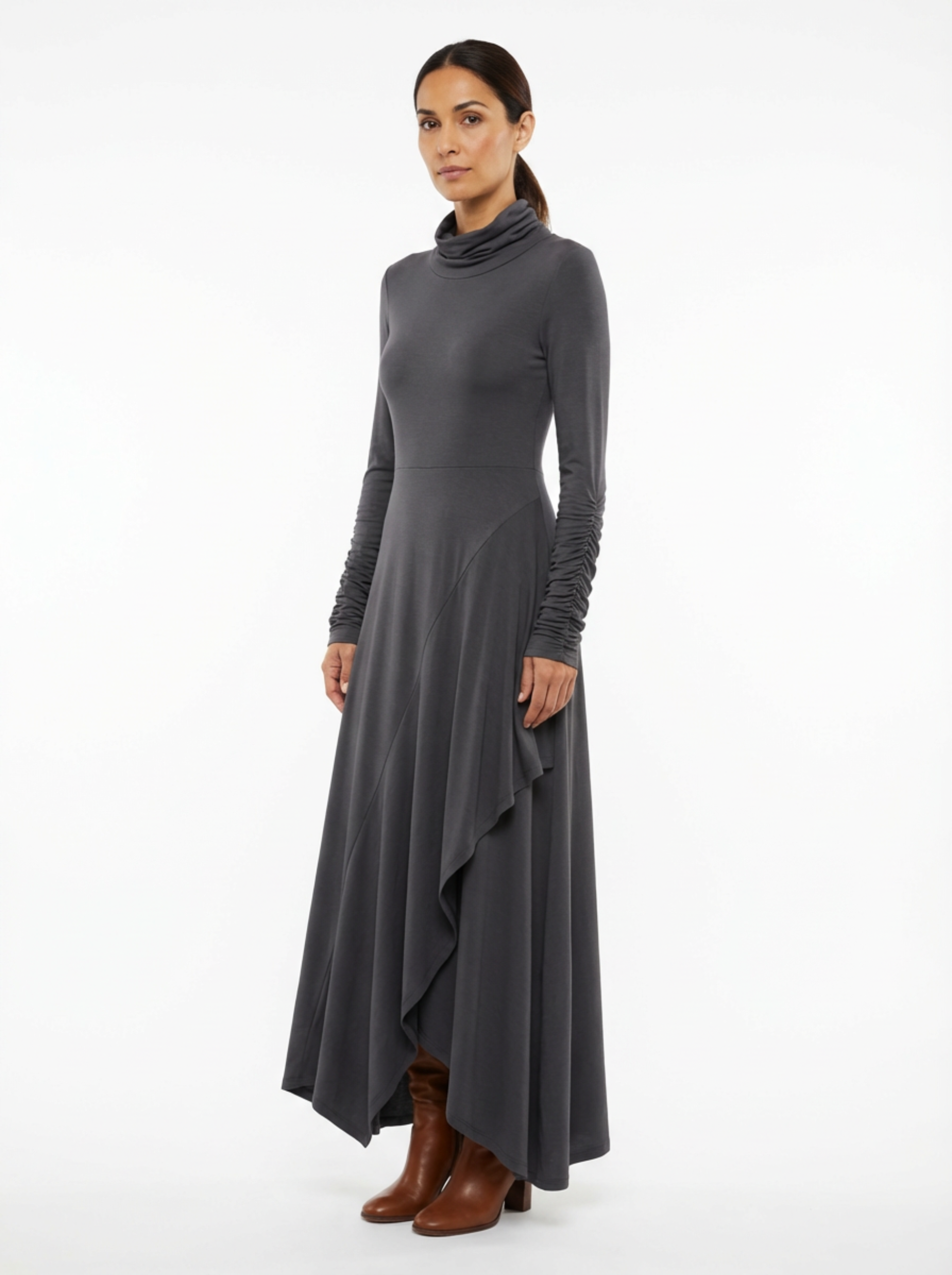 Dress Maxi Women Long Sleeve Turtleneck Asymmetric Design