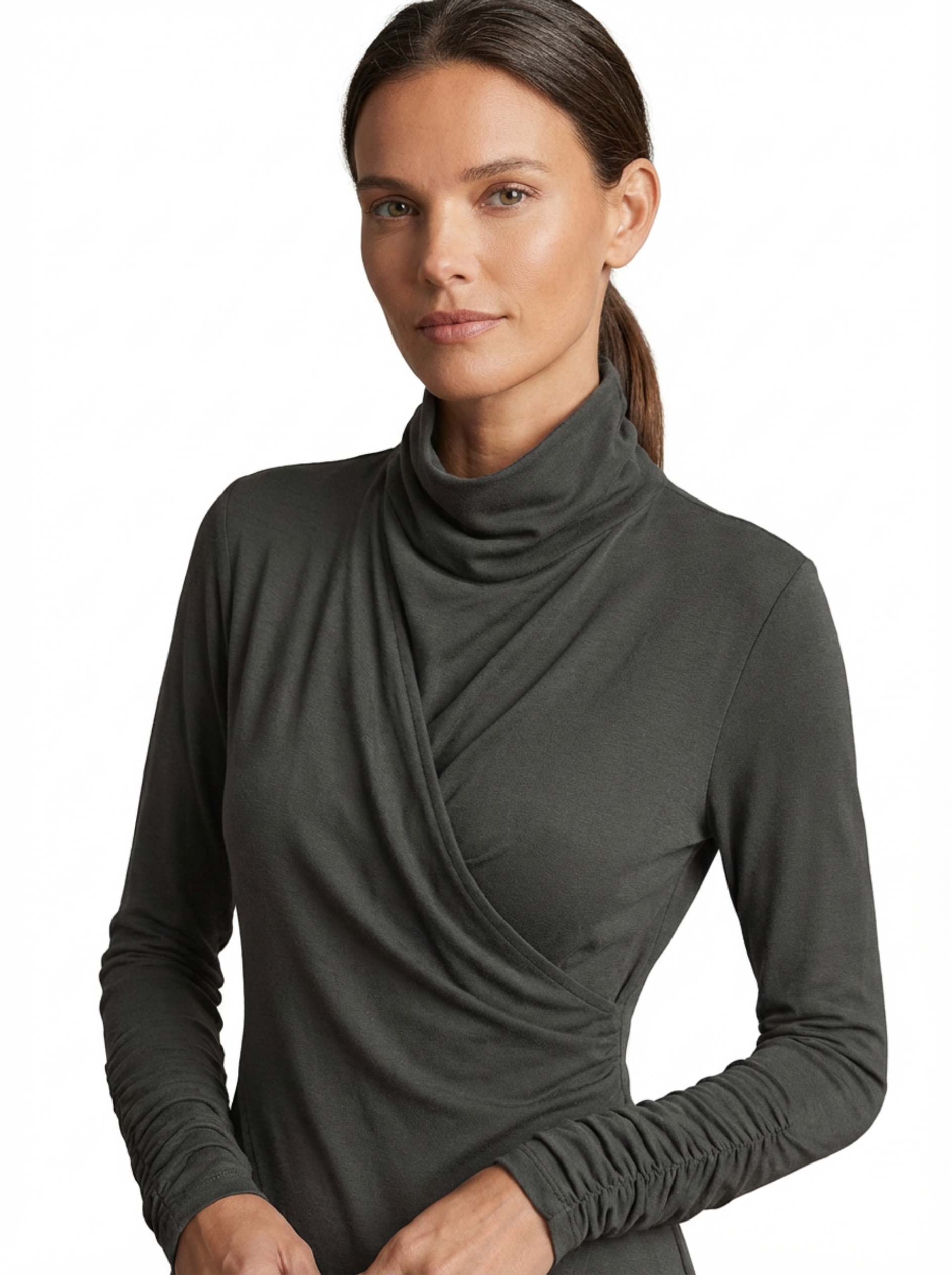 Dress Maxi Women Long Sleeve Turtleneck Asymmetric Design