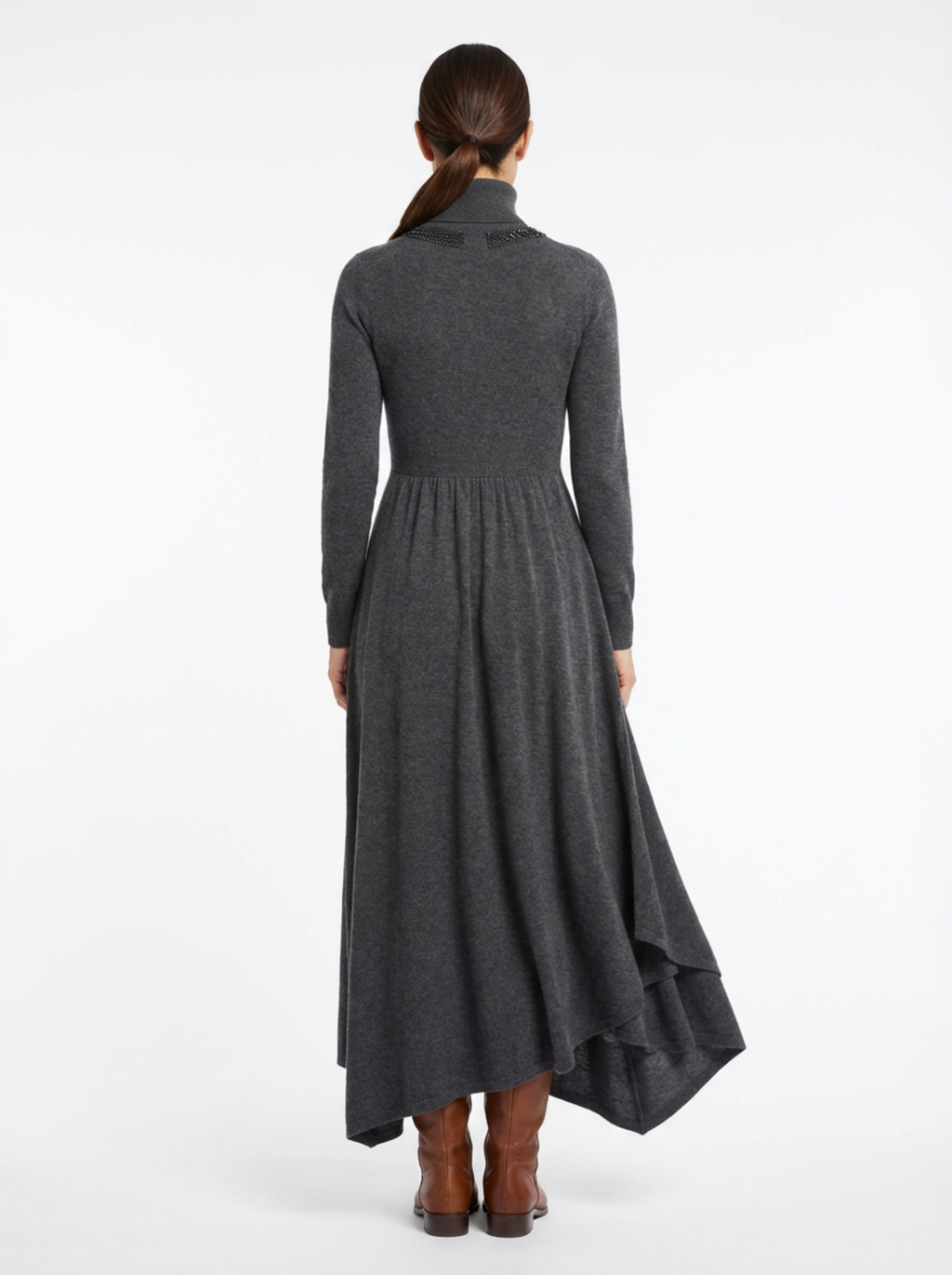 Dress Maxi Women Long Sleeve Turtleneck Asymmetric Design