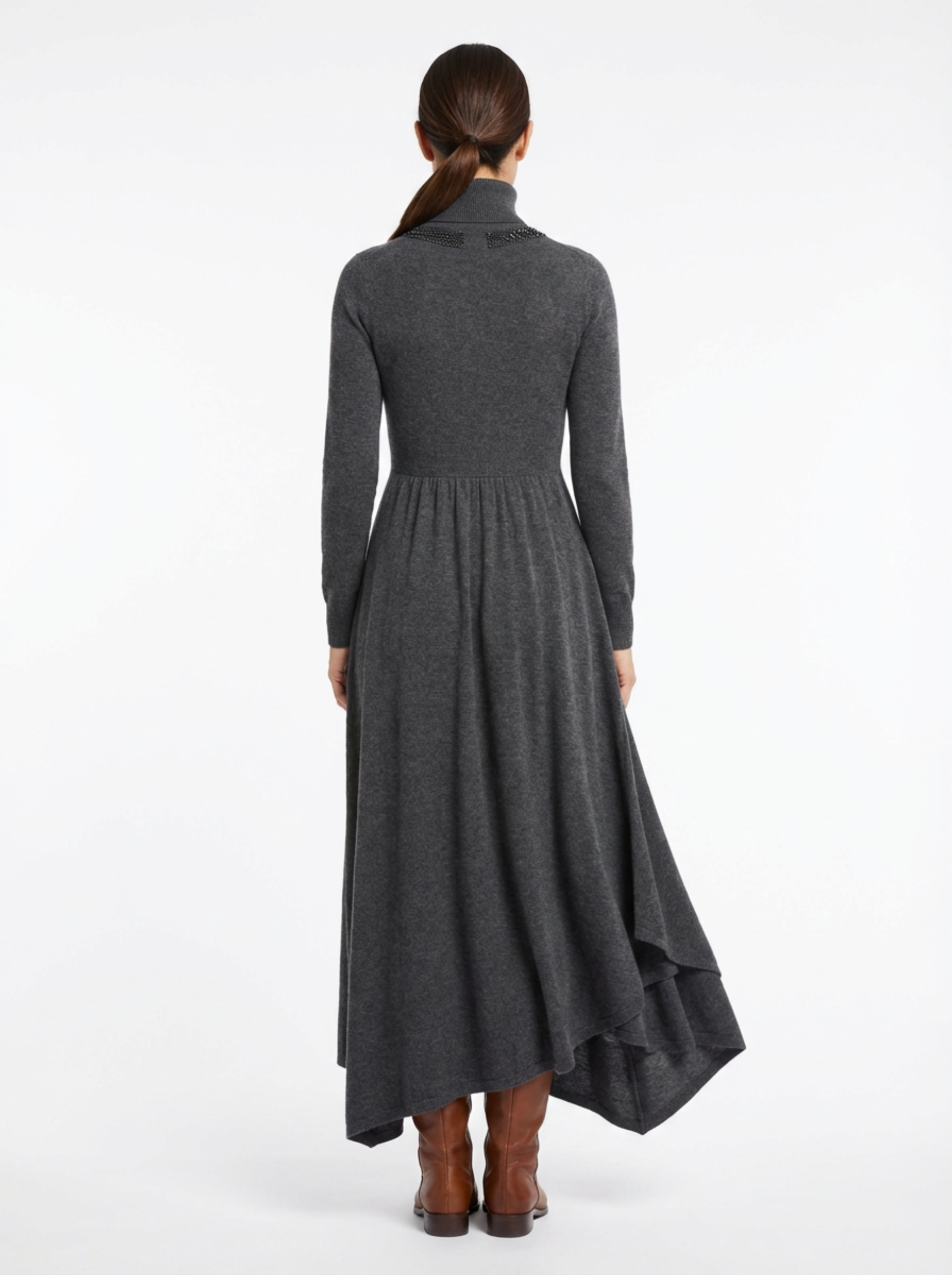 Dress Maxi Women Long Sleeve Turtleneck Asymmetric Design