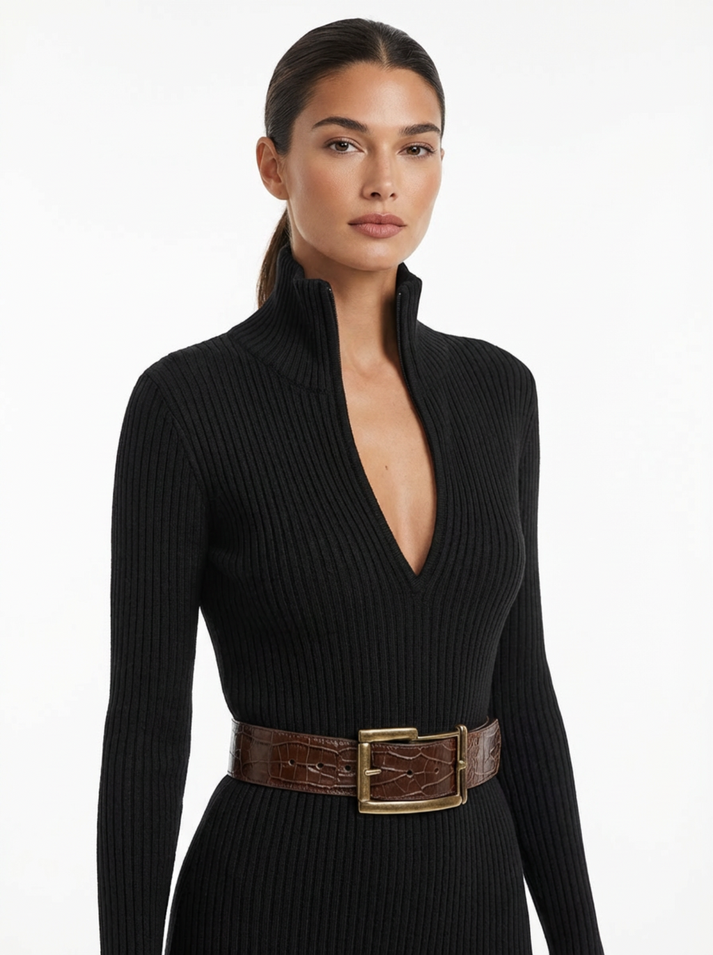 Midi Dress Women Slim Fit V-Neck Half Turtleneck Long Sleeve Belted