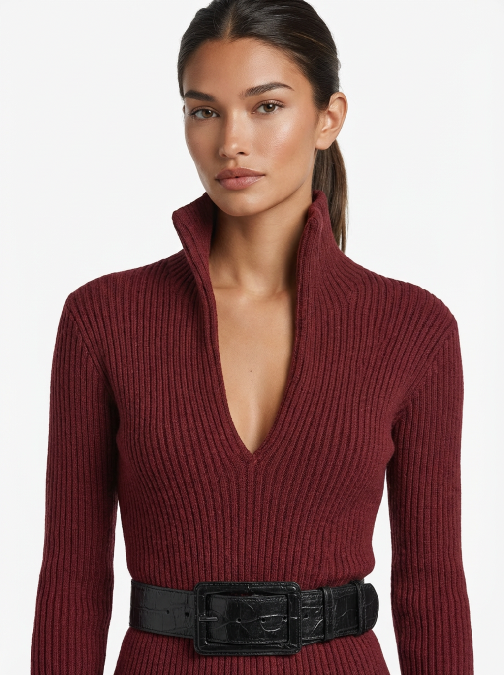 Midi Dress Women Slim Fit V-Neck Half Turtleneck Long Sleeve Belted