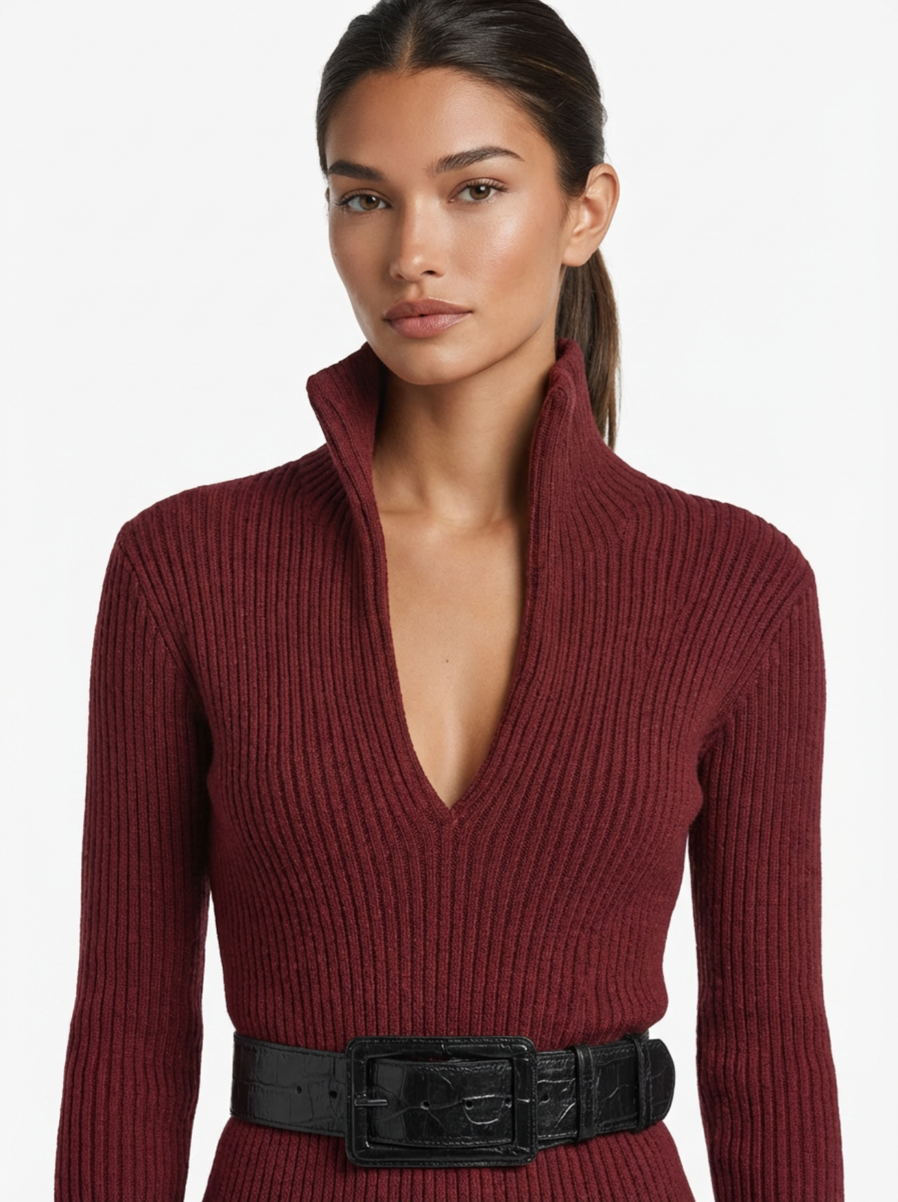 Midi Dress Women Slim Fit V-Neck Half Turtleneck Long Sleeve Belted