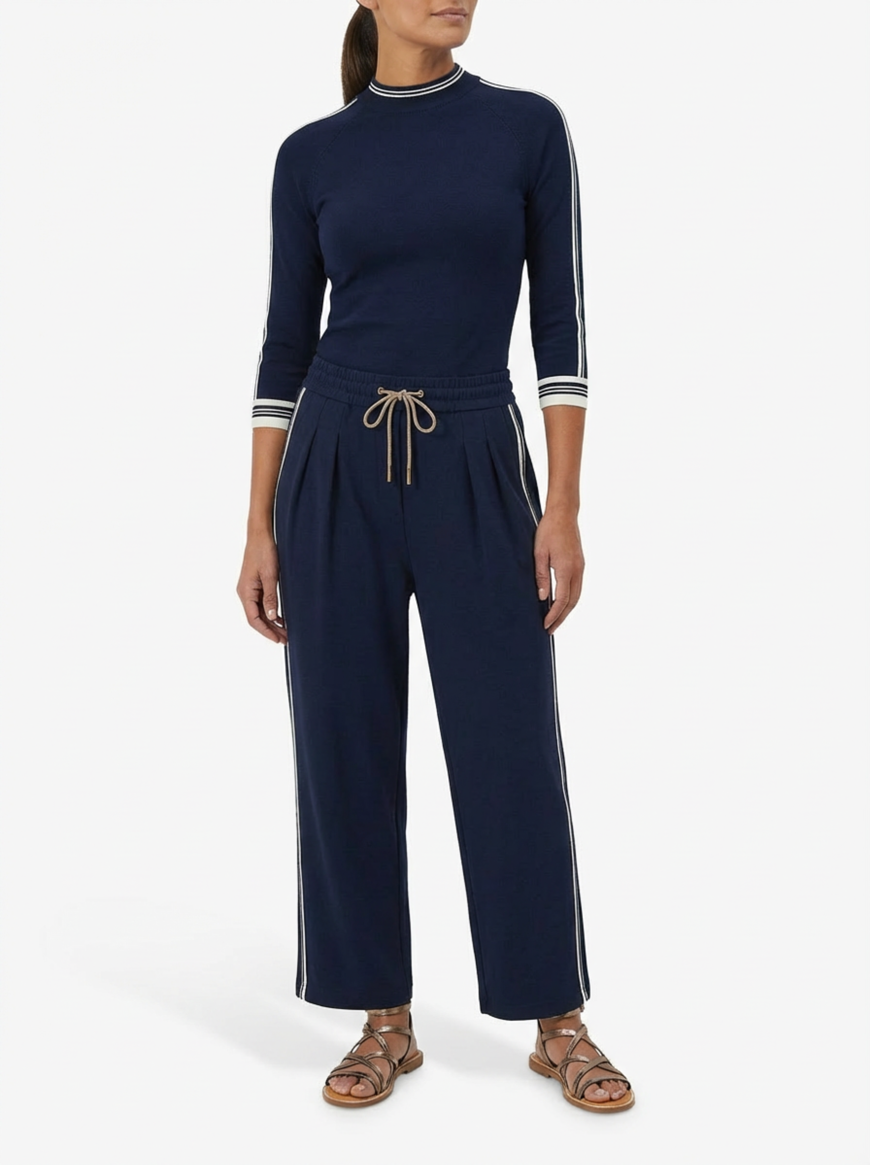 Two-Piece Set Women Long Sleeve Half-High Neck Top & Wide-Leg Pants