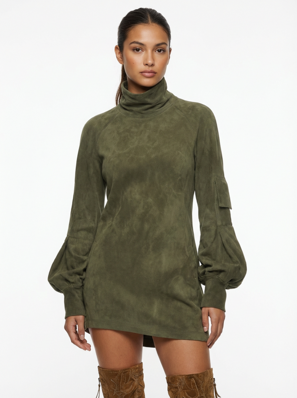 Mini Dress Women Loose Fit Turtleneck Long Sleeves Retro Style