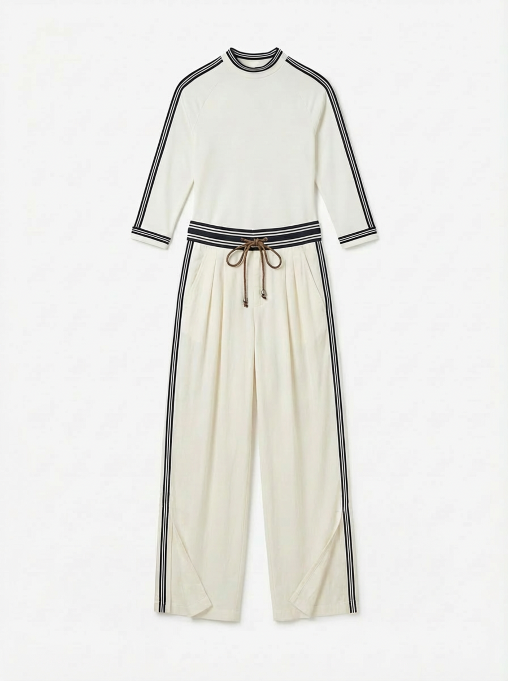 Two-Piece Set Women Long Sleeve Half-High Neck Top & Wide-Leg Pants