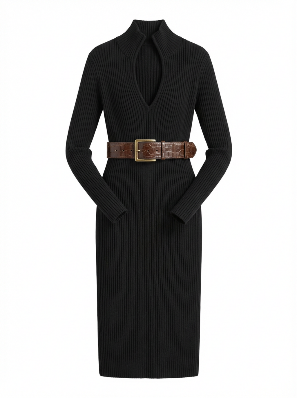 Midi Dress Women Slim Fit V-Neck Half Turtleneck Long Sleeve Belted
