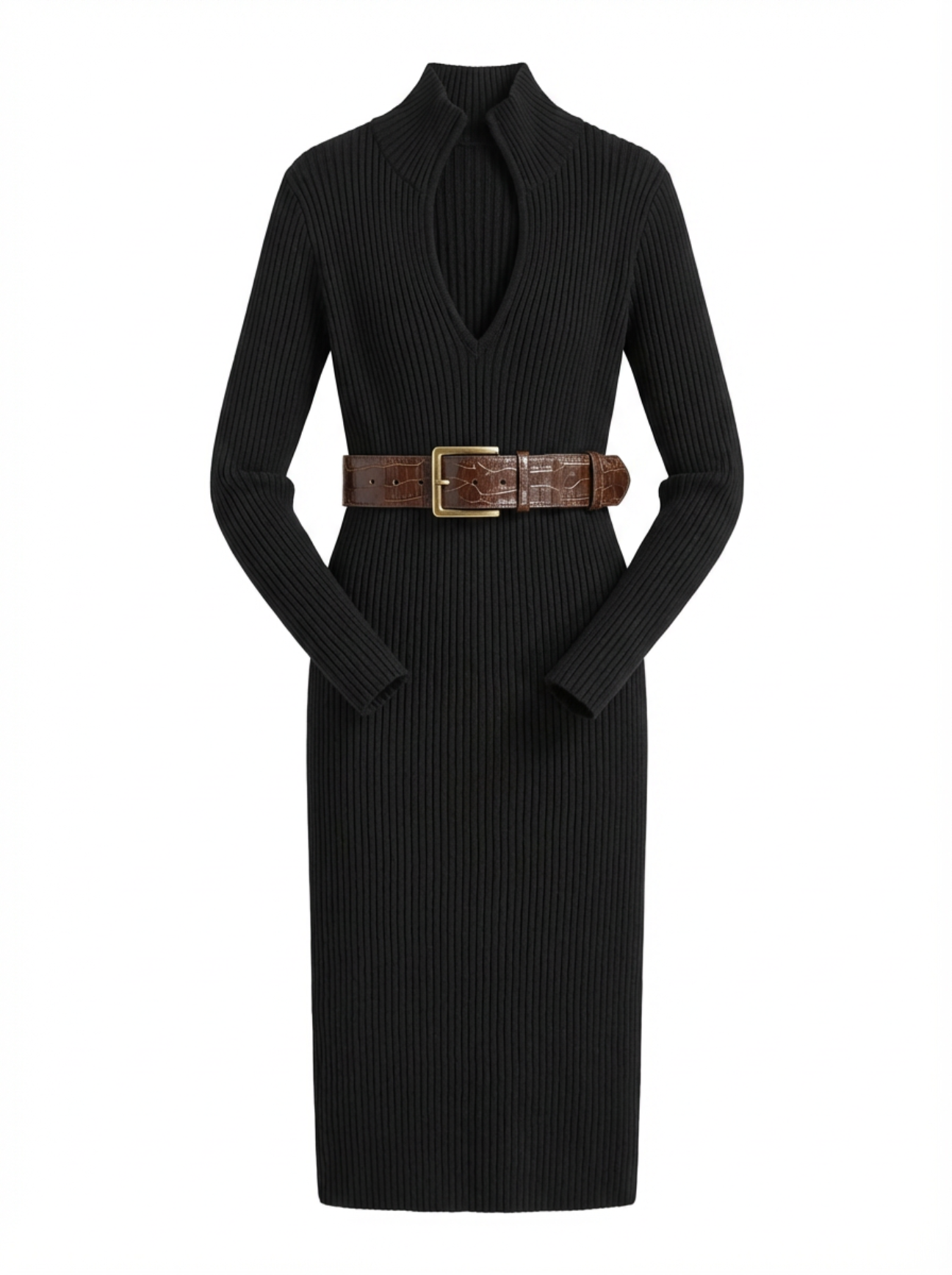 Midi Dress Women Slim Fit V-Neck Half Turtleneck Long Sleeve Belted