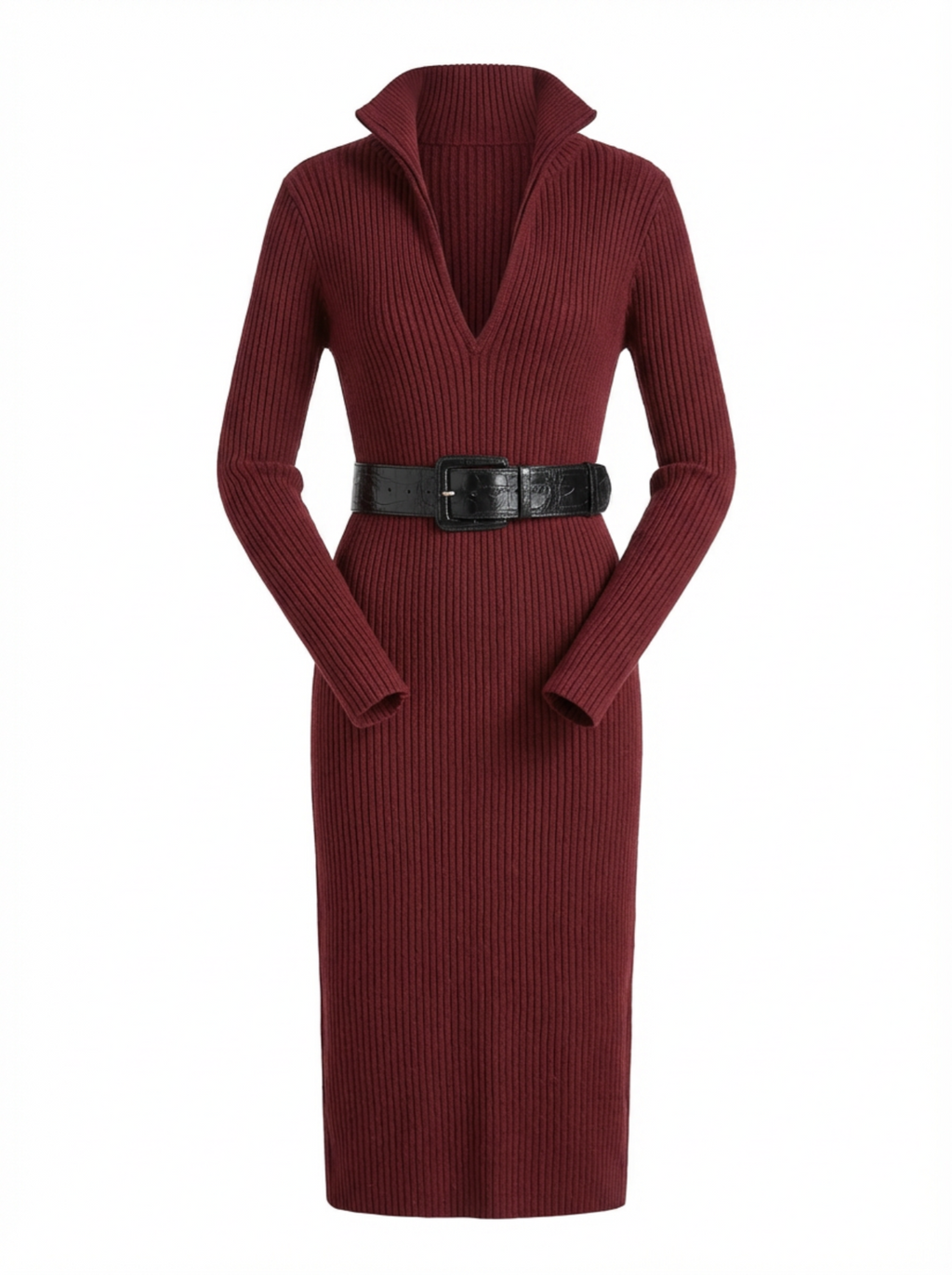 Midi Dress Women Slim Fit V-Neck Half Turtleneck Long Sleeve Belted