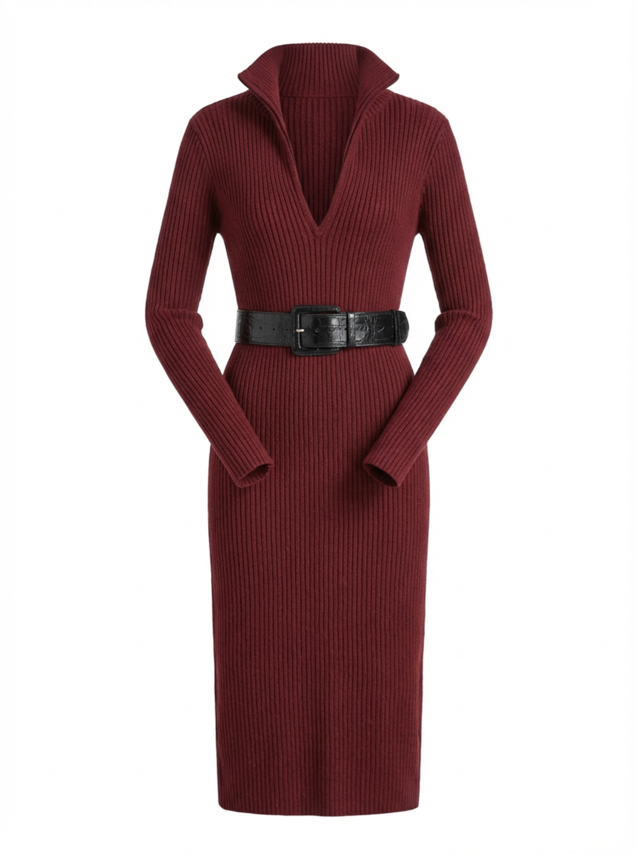 Midi Dress Women Slim Fit V-Neck Half Turtleneck Long Sleeve Belted