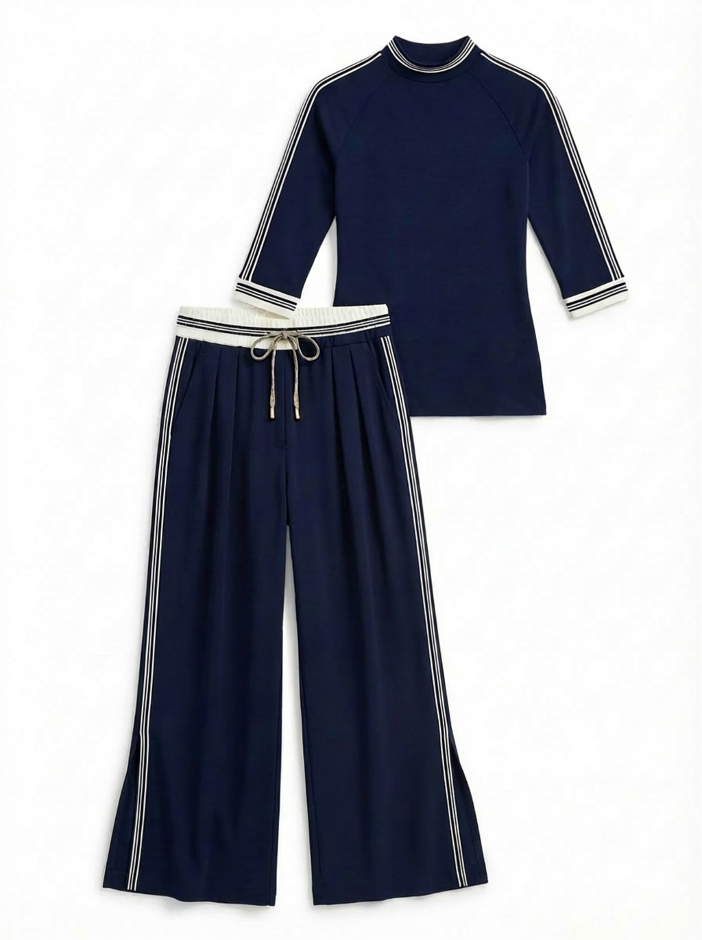 Two-Piece Set Women Long Sleeve Half-High Neck Top & Wide-Leg Pants