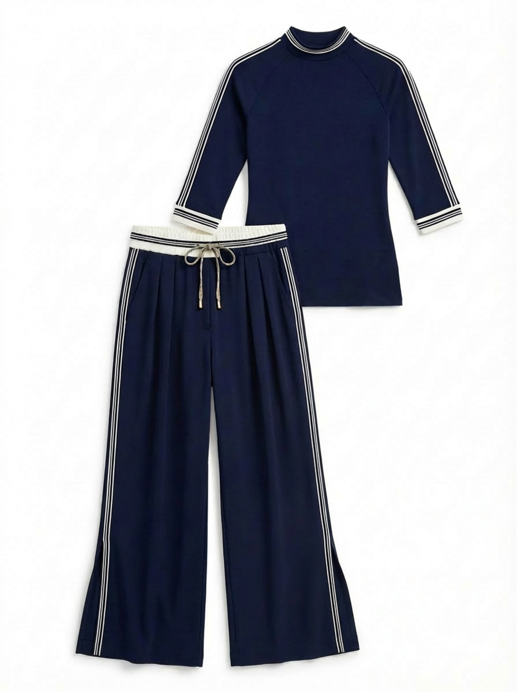 Two-Piece Set Women Long Sleeve Half-High Neck Top & Wide-Leg Pants