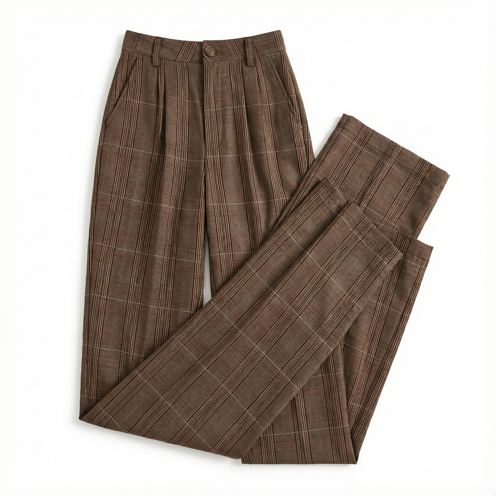 Pants Women Straight-Leg High-Rise Plaid Pattern