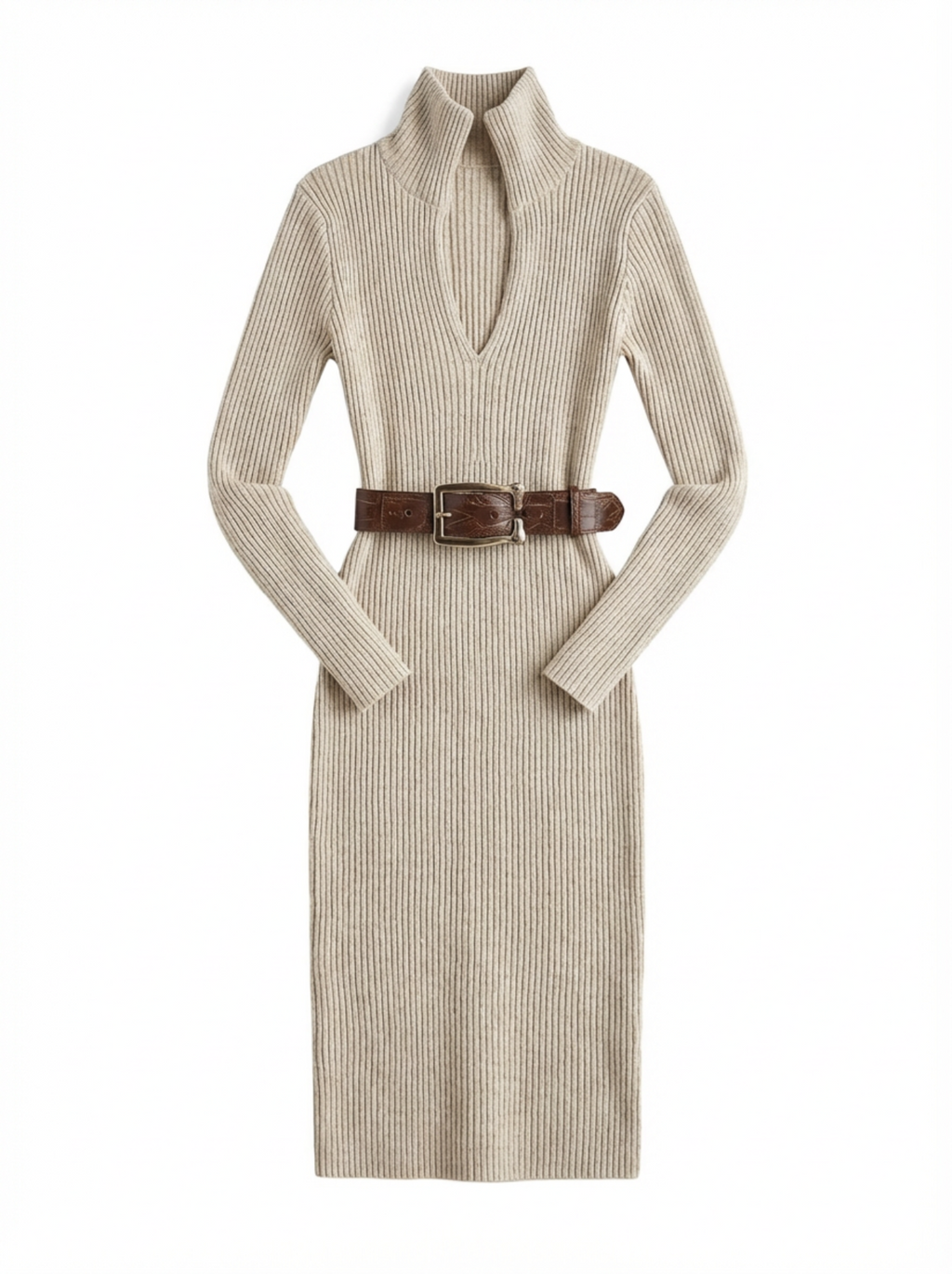 Midi Dress Women Slim Fit V-Neck Half Turtleneck Long Sleeve Belted