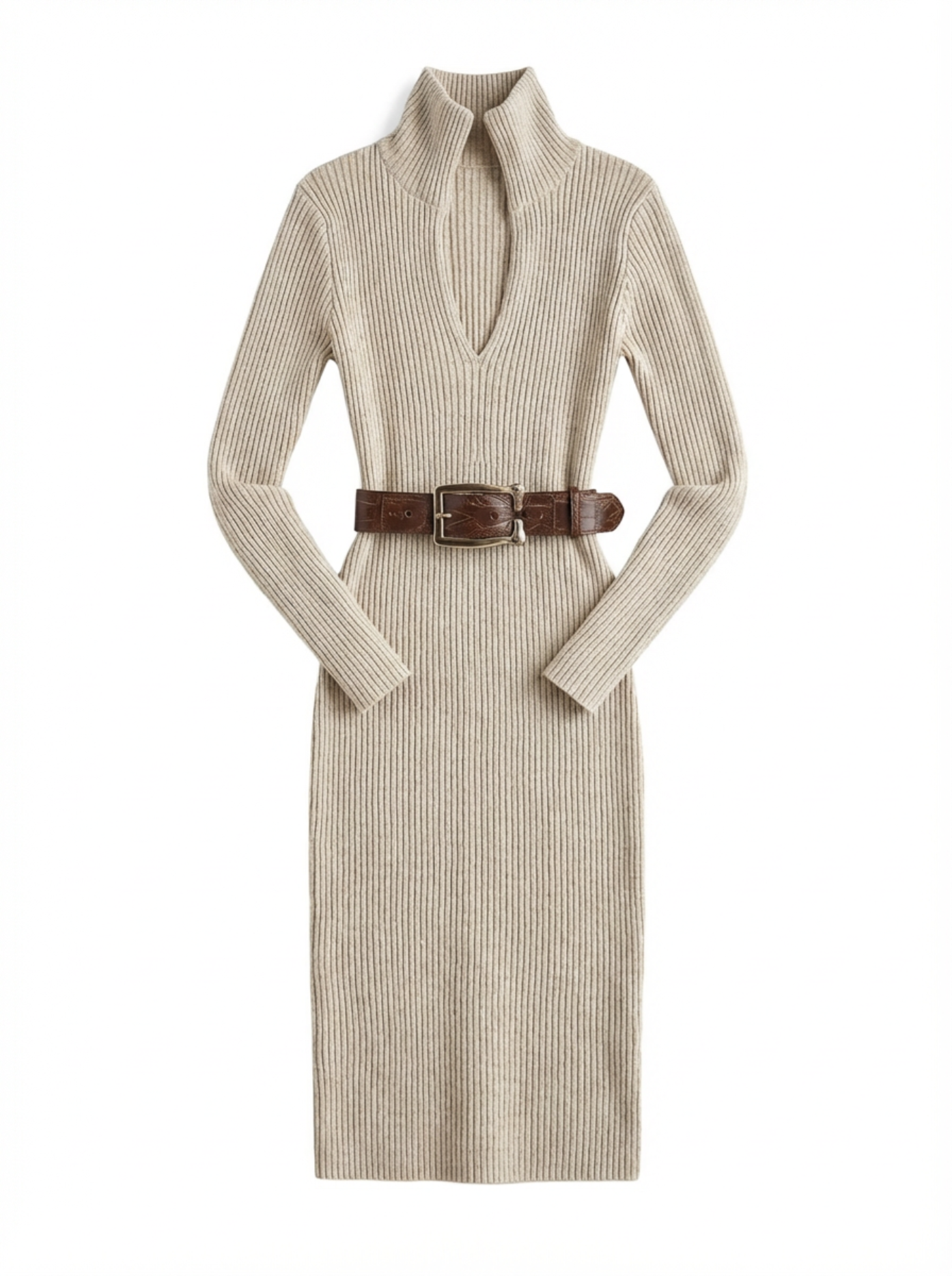 Midi Dress Women Slim Fit V-Neck Half Turtleneck Long Sleeve Belted