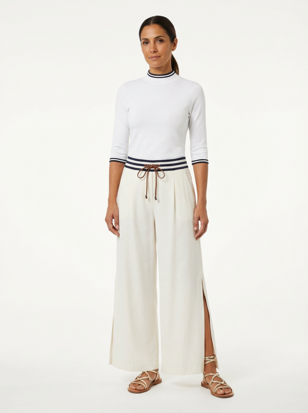 Two-Piece Set Women Long Sleeve Half-High Neck Top & Wide-Leg Pants