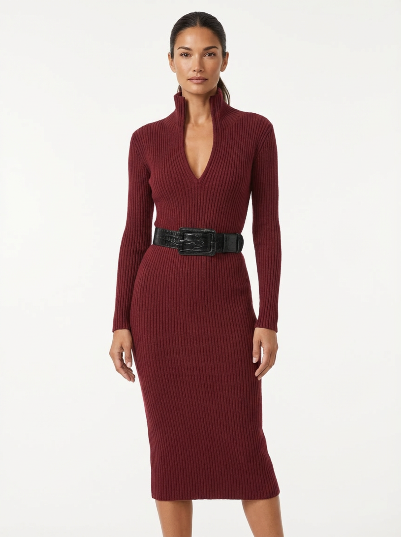 Midi Dress Women Slim Fit V-Neck Half Turtleneck Long Sleeve Belted