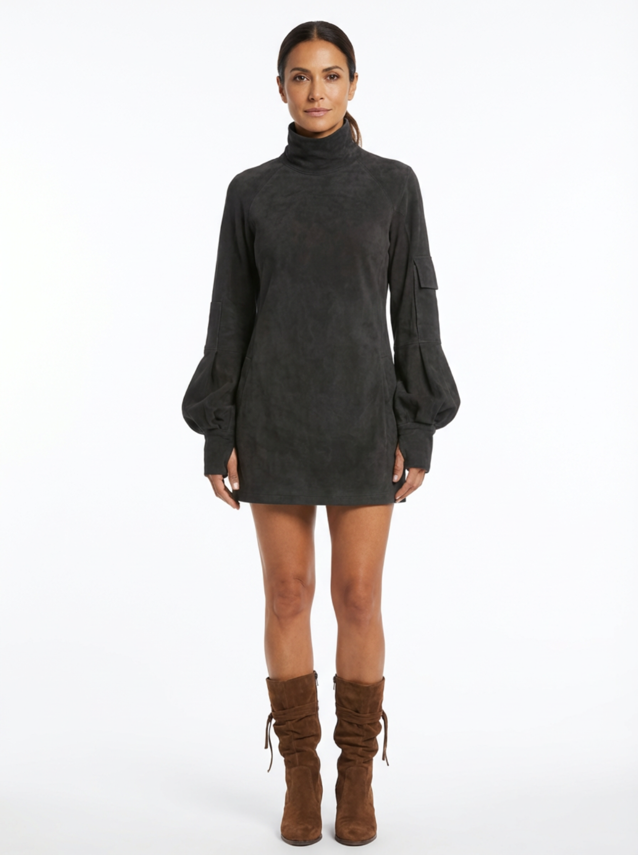 Mini Dress Women Loose Fit Turtleneck Long Sleeves Retro Style