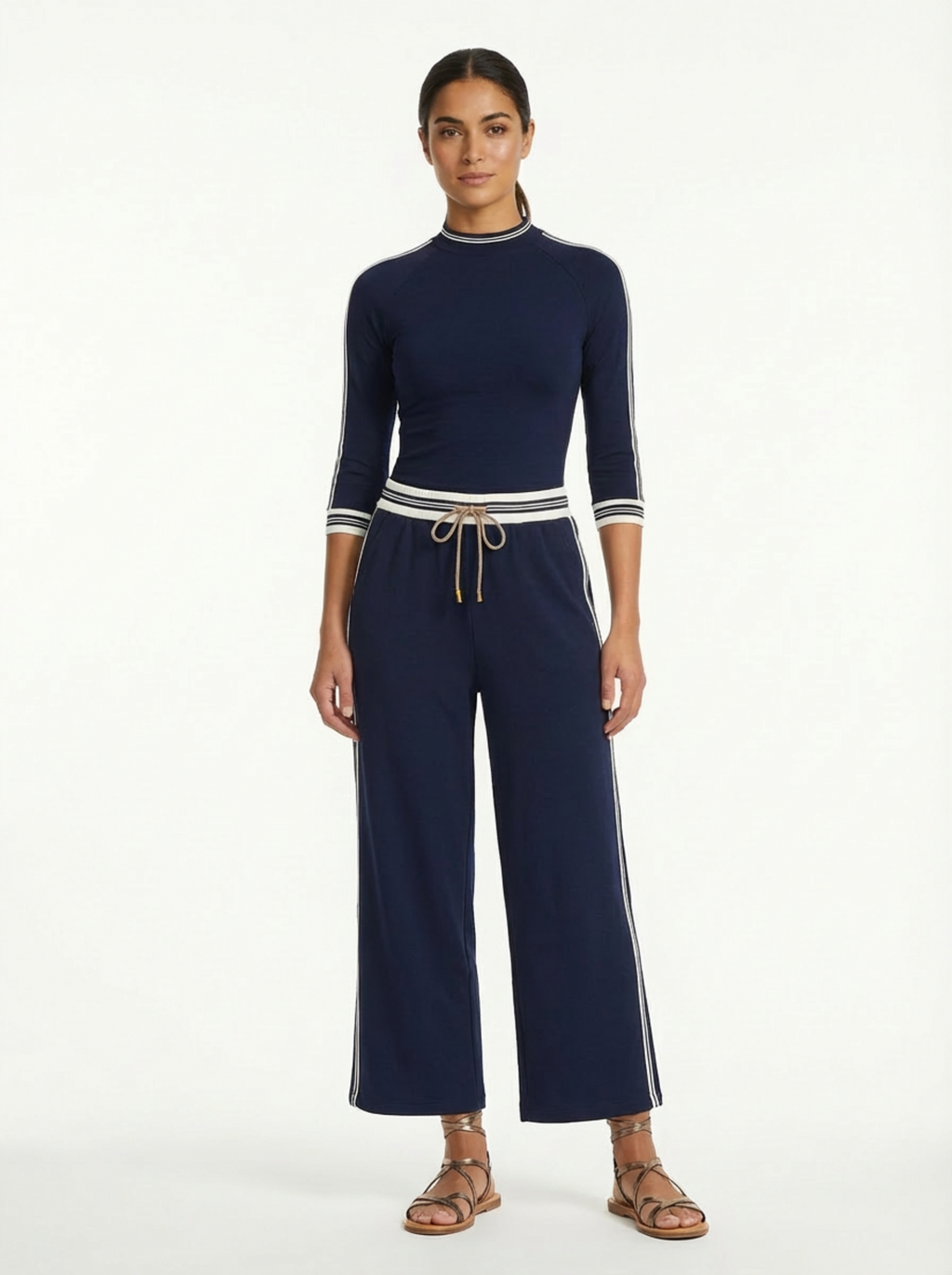 Two-Piece Set Women Long Sleeve Half-High Neck Top & Wide-Leg Pants