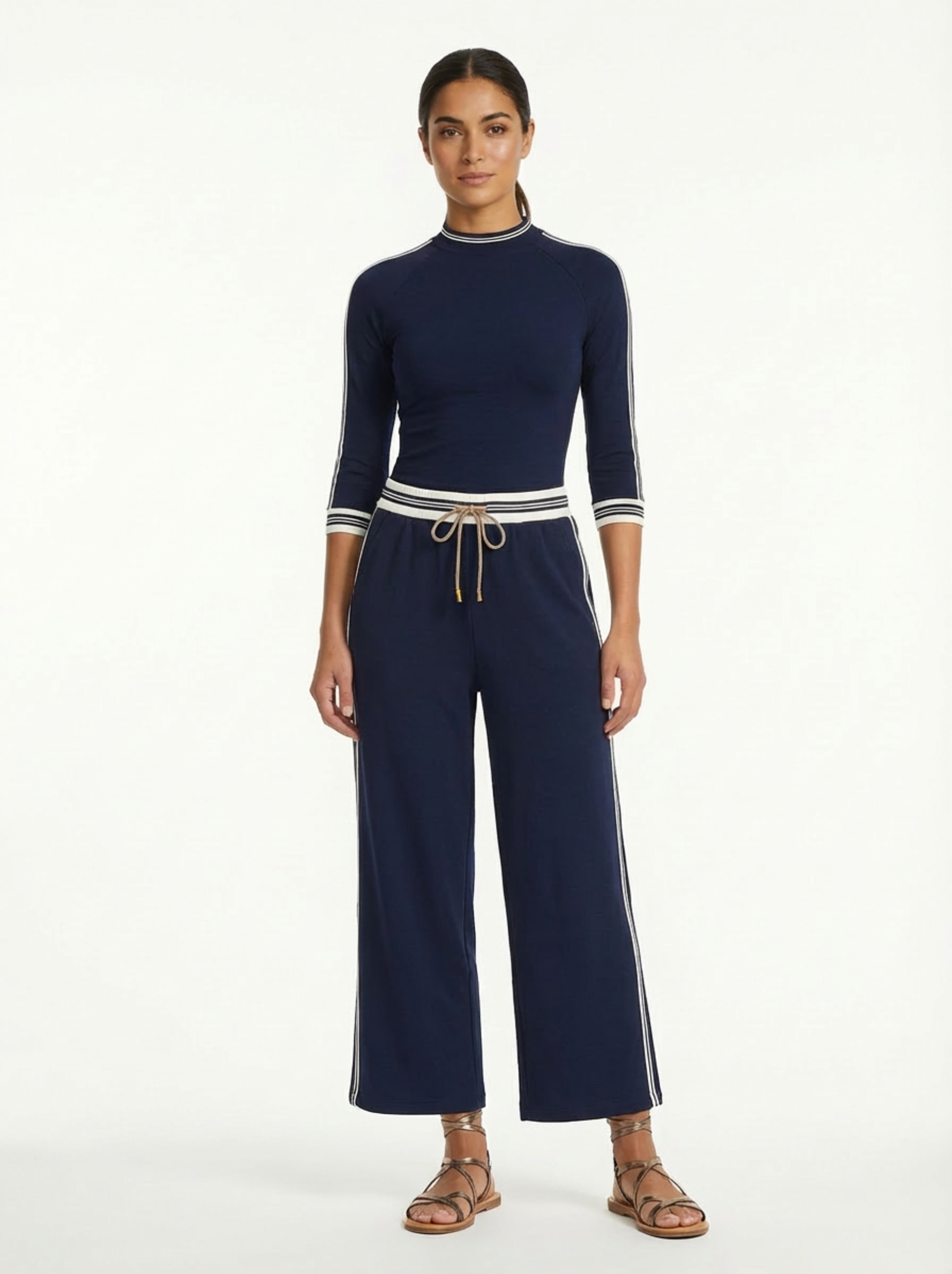 Two-Piece Set Women Long Sleeve Half-High Neck Top & Wide-Leg Pants