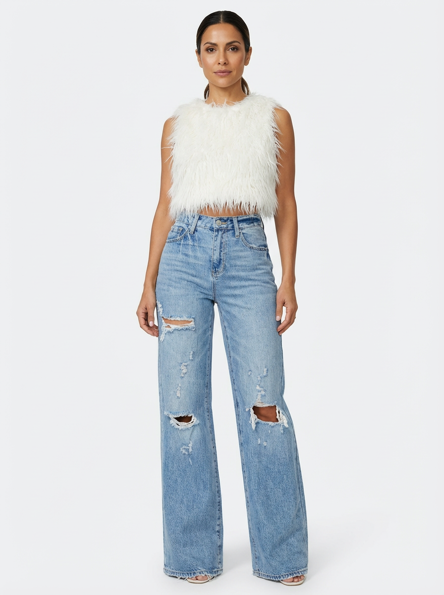 Jeans Women Wide-Leg High-Rise Distressed Style