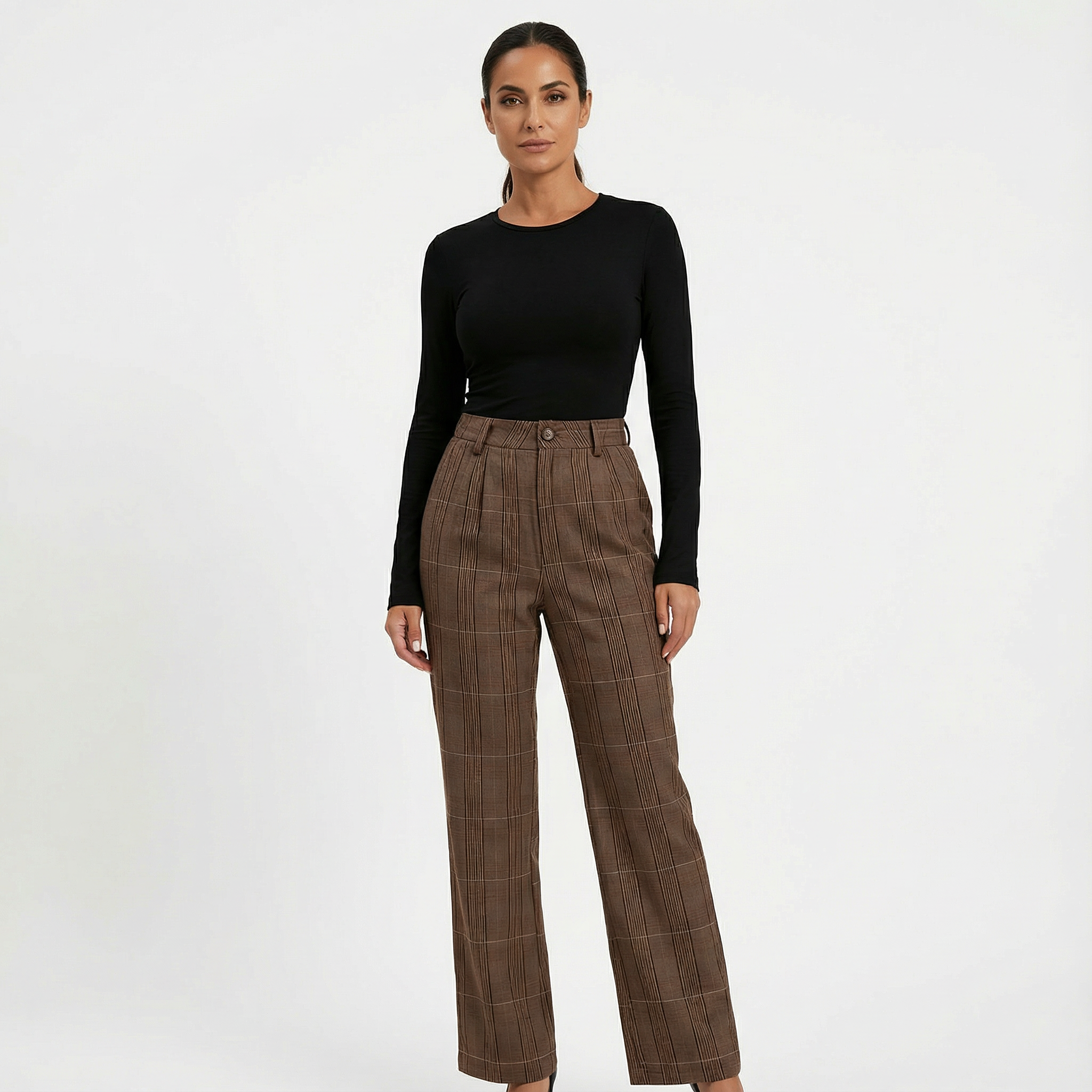 Pants Women Straight-Leg High-Rise Plaid Pattern