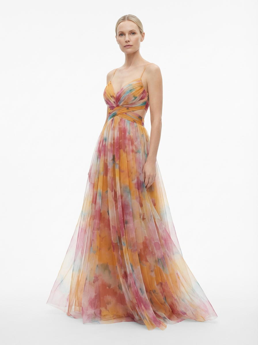 Maxi Dress Women Floral Pattern Tie-Front Waist Flowing Skirt