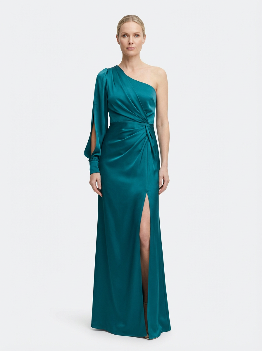 One-Shoulder Dress Women Draped Accent Front Split Classy Nights