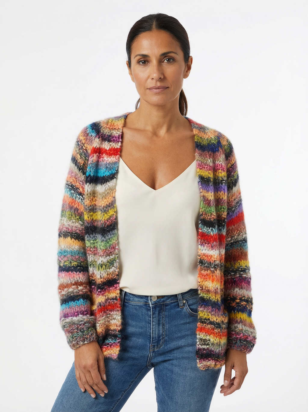 Cardigan Women Open Front Contrast Stripes