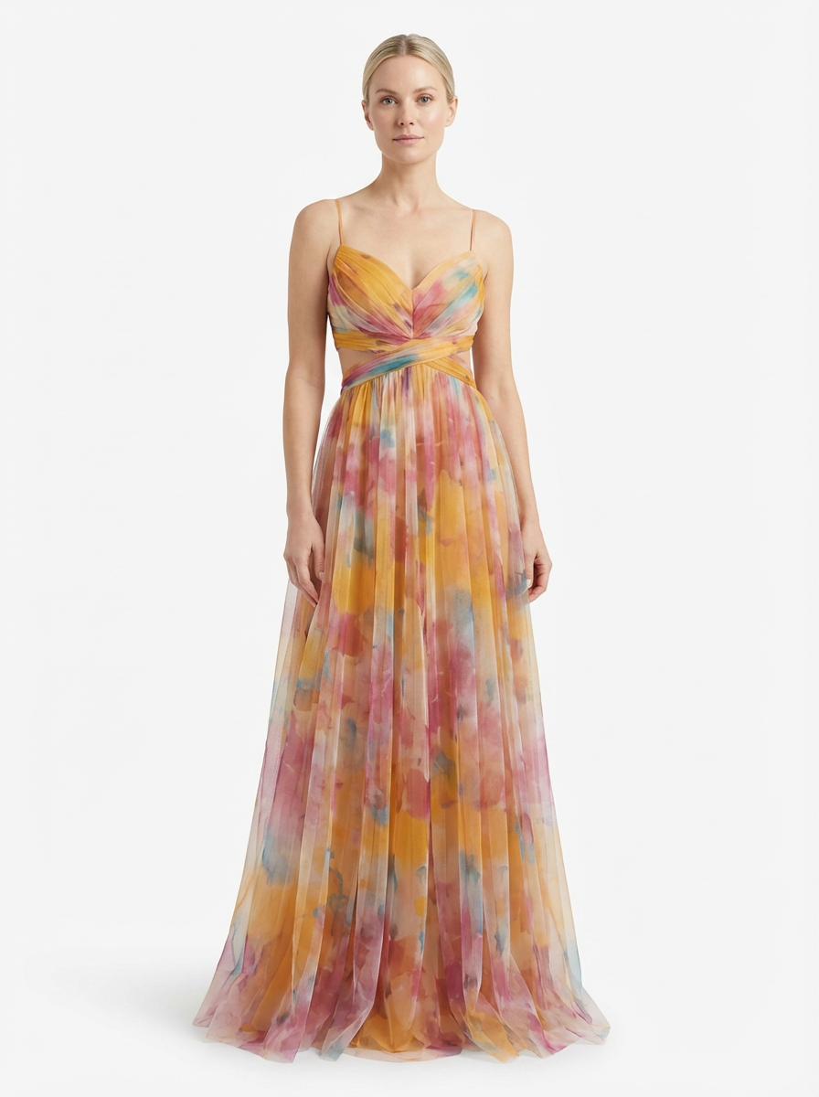 Maxi Dress Women Floral Pattern Tie-Front Waist Flowing Skirt