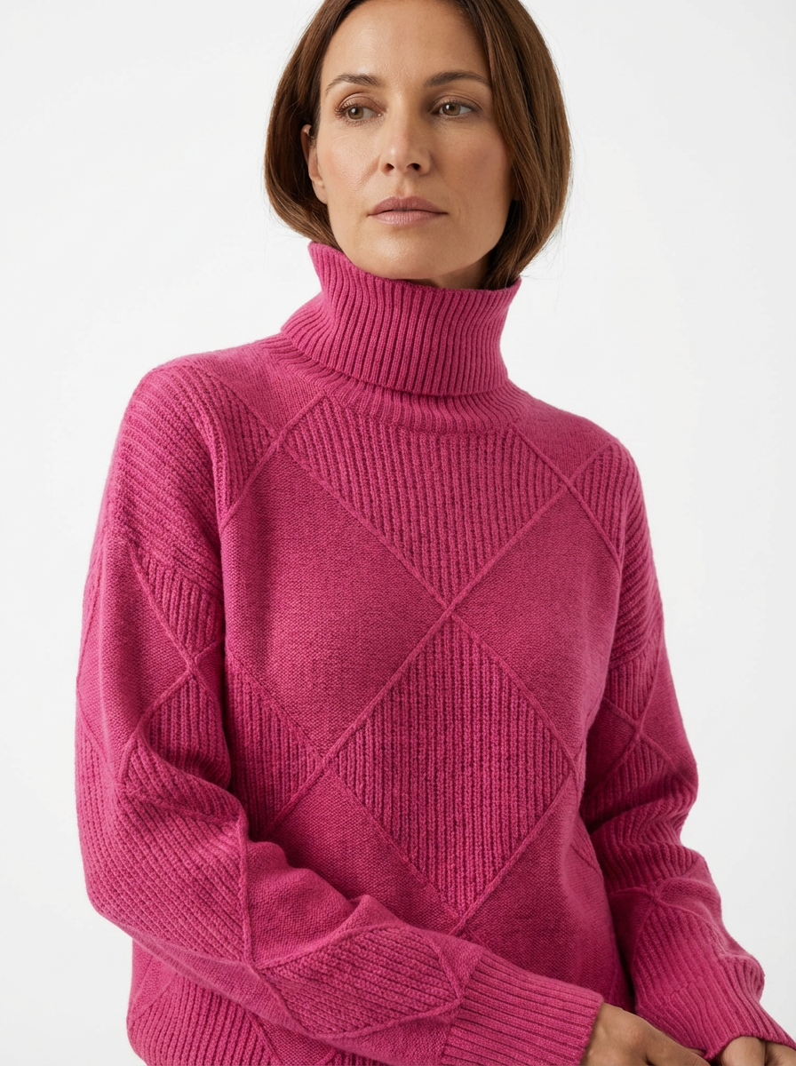 Sweater Women Ribbed Diamond Knit Relaxed Fit Turtleneck