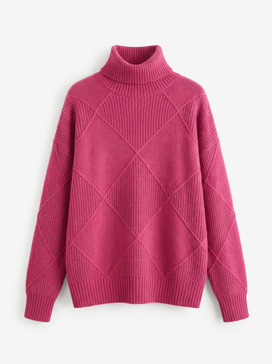 Sweater Women Ribbed Diamond Knit Relaxed Fit Turtleneck