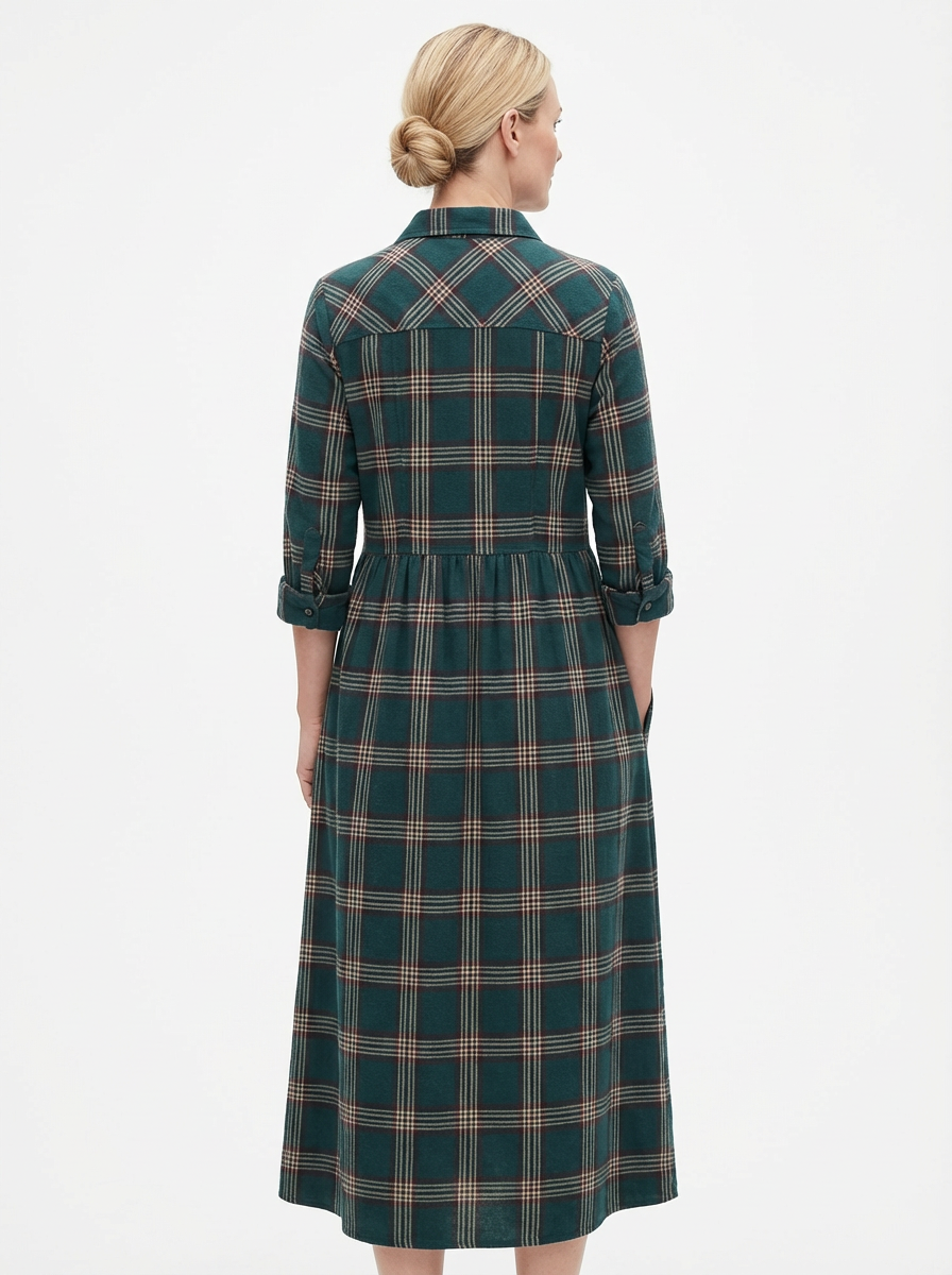 Maxi Dress Women Plaid Shirt Style Lapel Collar Single Breasted Long Sleeve
