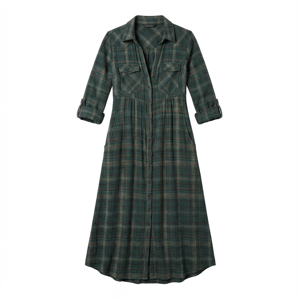 Maxi Dress Women Plaid Shirt Style Lapel Collar Single Breasted Long Sleeve