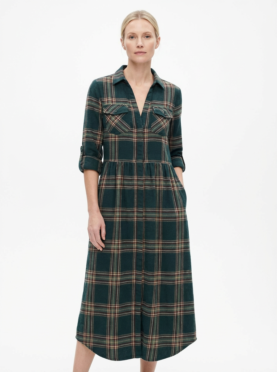 Maxi Dress Women Plaid Shirt Style Lapel Collar Single Breasted Long Sleeve