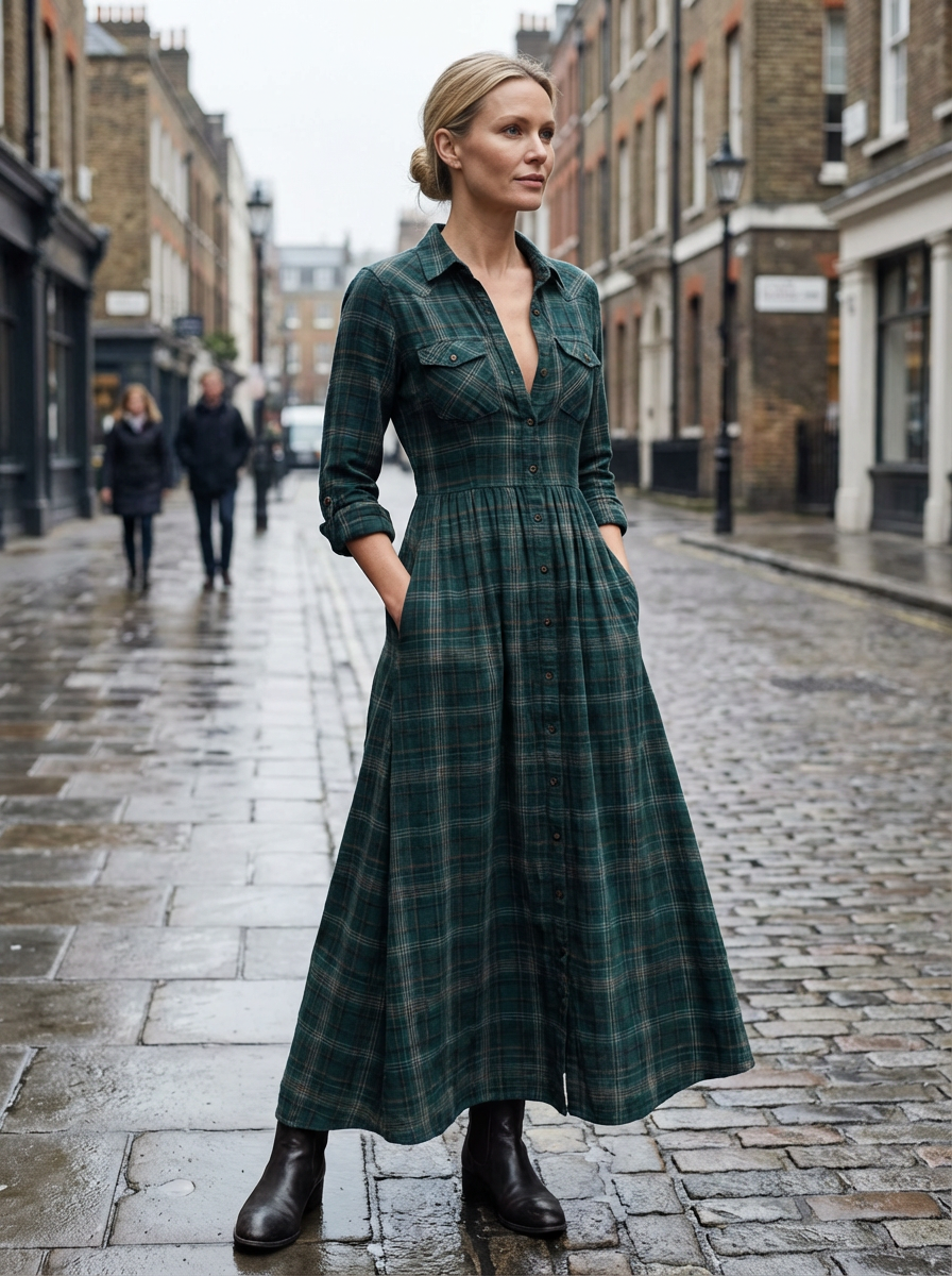 Maxi Dress Women Plaid Shirt Style Lapel Collar Single Breasted Long Sleeve