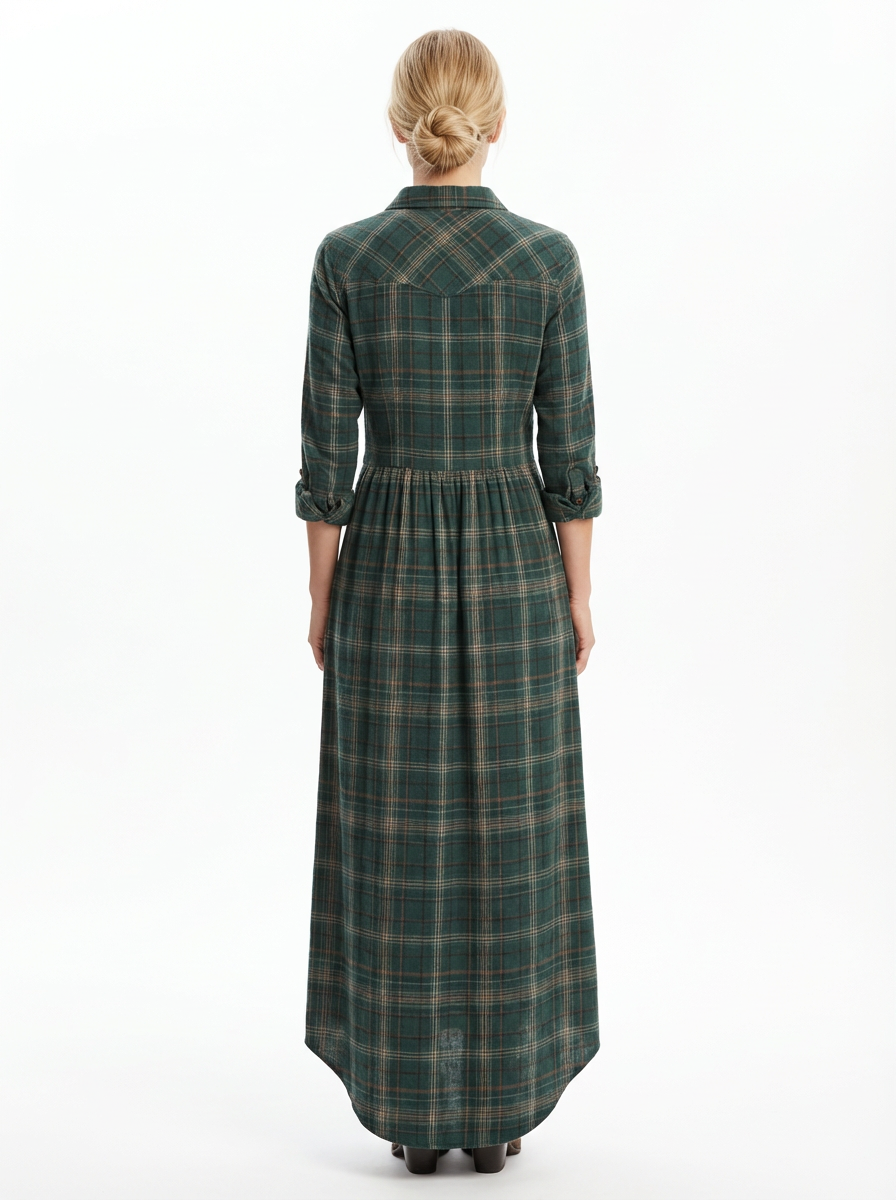 Maxi Dress Women Plaid Shirt Style Lapel Collar Single Breasted Long Sleeve