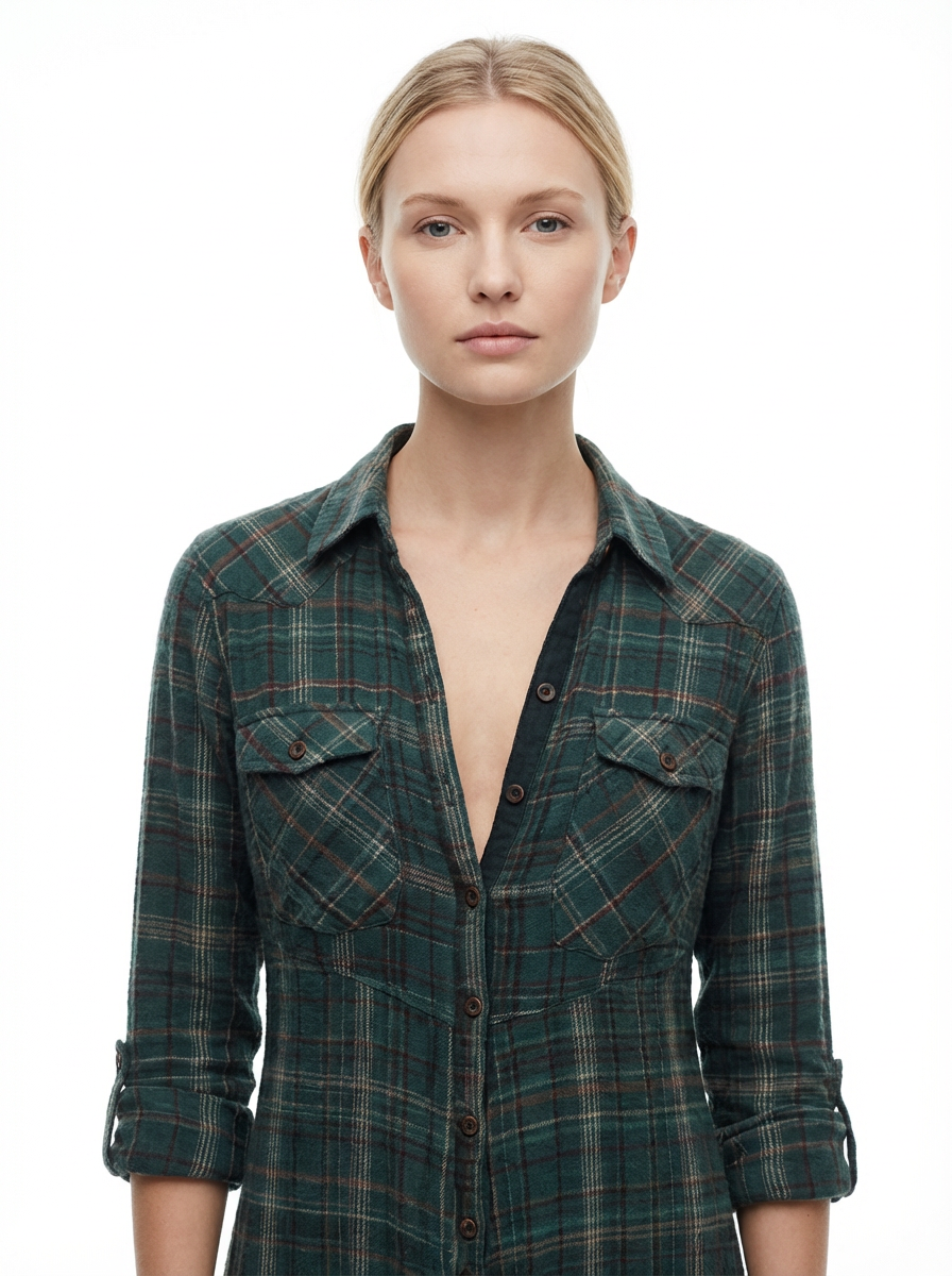 Maxi Dress Women Plaid Shirt Style Lapel Collar Single Breasted Long Sleeve