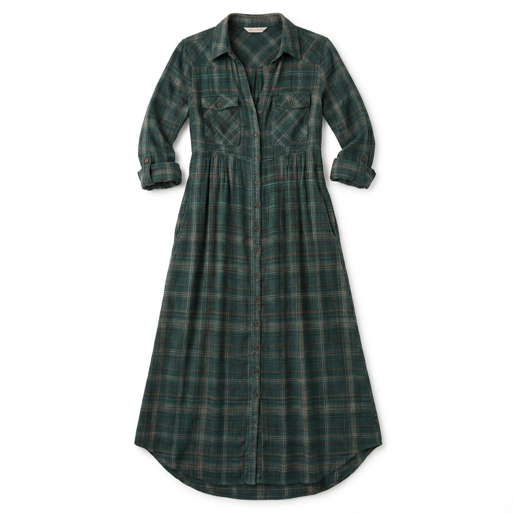 Maxi Dress Women Plaid Shirt Style Lapel Collar Single Breasted Long Sleeve